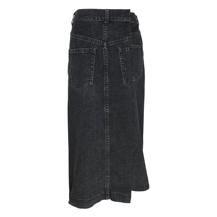 sacai washed black midi denim skirt with high waist, vertical front seam, five-pocket construction, copper rivets, and asymmetric hem slit - view 2
