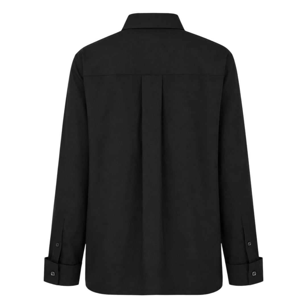 sacai black poplin long sleeve shirt with concealed front placket, point collar, chest pocket, and button-fastened cuffs, shown flat on white background - view 2