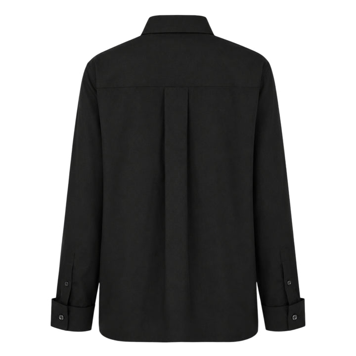 sacai black poplin long sleeve shirt with concealed front placket, point collar, chest pocket, and button-fastened cuffs, shown flat on white background - view 2