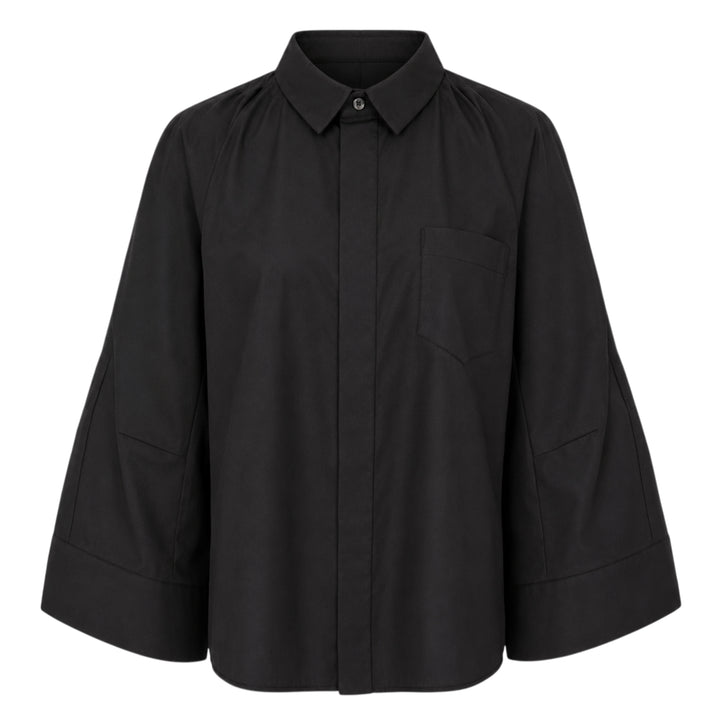 sacai Wide Sleeve Poplin Shirt in black, featuring a concealed button placket, point collar, flared long sleeves with deep cuffs, a chest patch pocket, and twin lower patch pockets