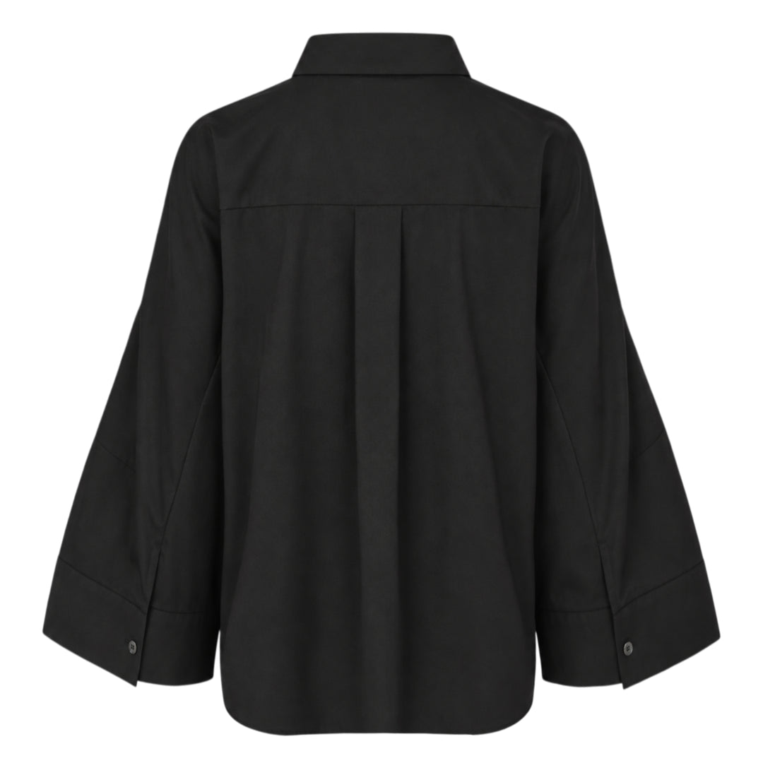 sacai Wide Sleeve Poplin Shirt in black, featuring a concealed button placket, point collar, flared long sleeves with deep cuffs, a chest patch pocket, and twin lower patch pockets - view 2