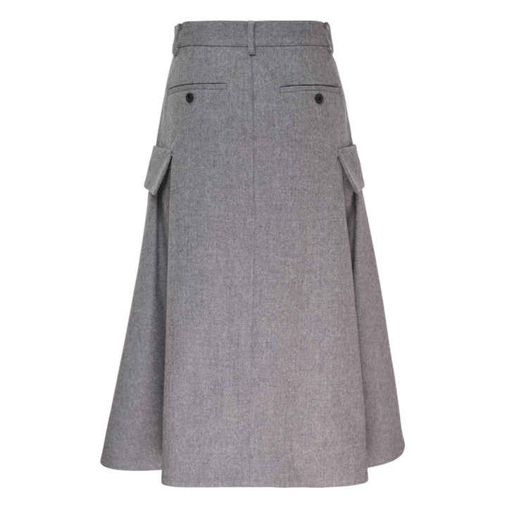 sacai Wool Flannel Cargo Skirt in heather grey — high-waisted A-line midi with dual utility patch pockets and belt loops, front view - view 2