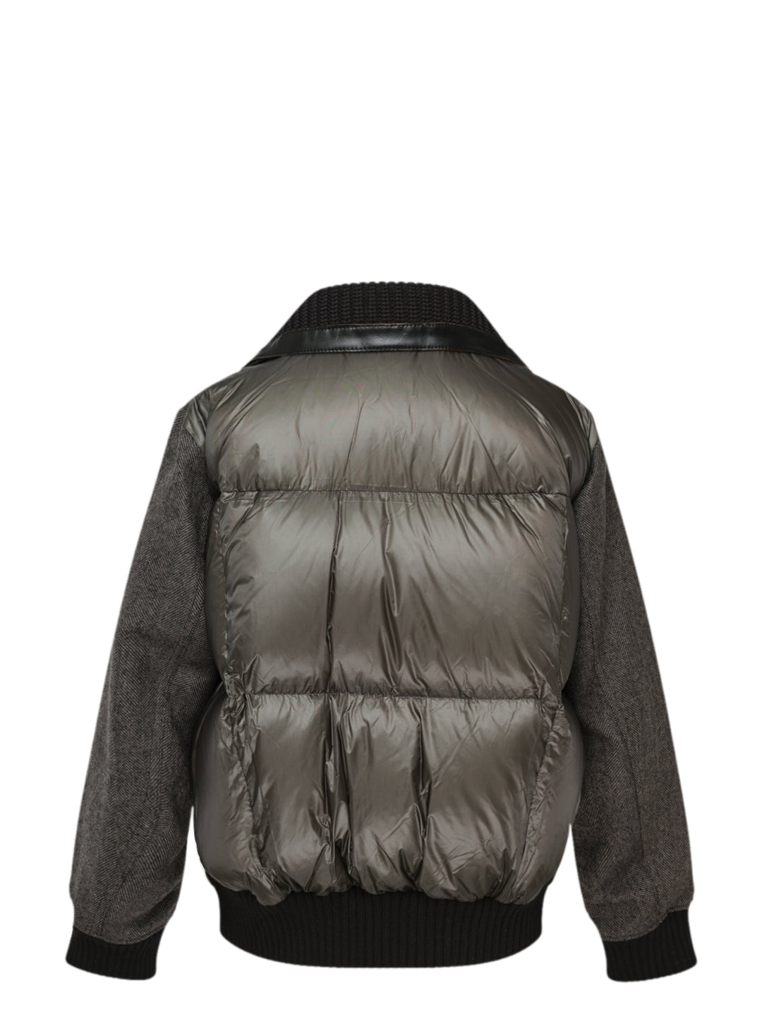 sacai double-faced herringbone bomber jacket in grey with black chunky knit collar, leather trim, asymmetric snap placket, and ribbed cuffs and hem - view 2