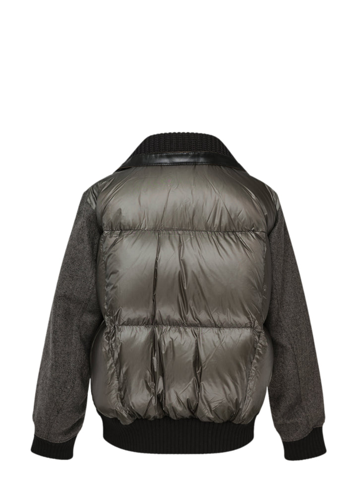 sacai double-faced herringbone bomber jacket in grey with black chunky knit collar, leather trim, asymmetric snap placket, and ribbed cuffs and hem - view 2