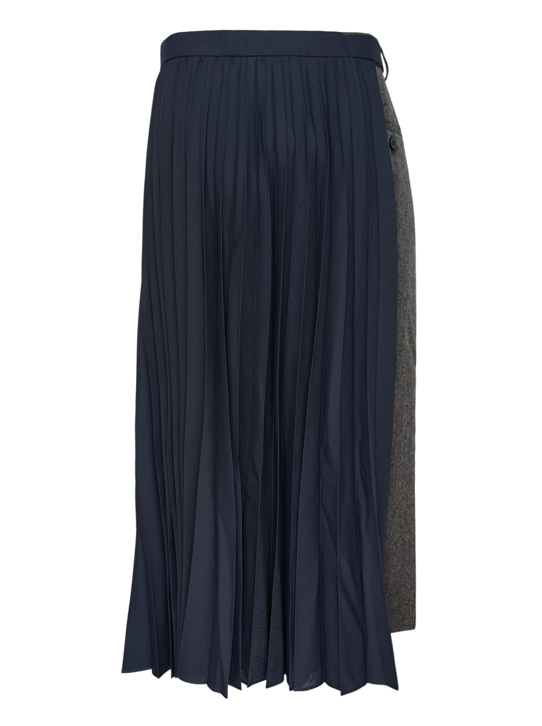sacai herringbone pleated midi skirt combining a grey herringbone tweed panel with fluid knife-pleated navy fabric and a silver-tone belt buckle at the waistband - view 2