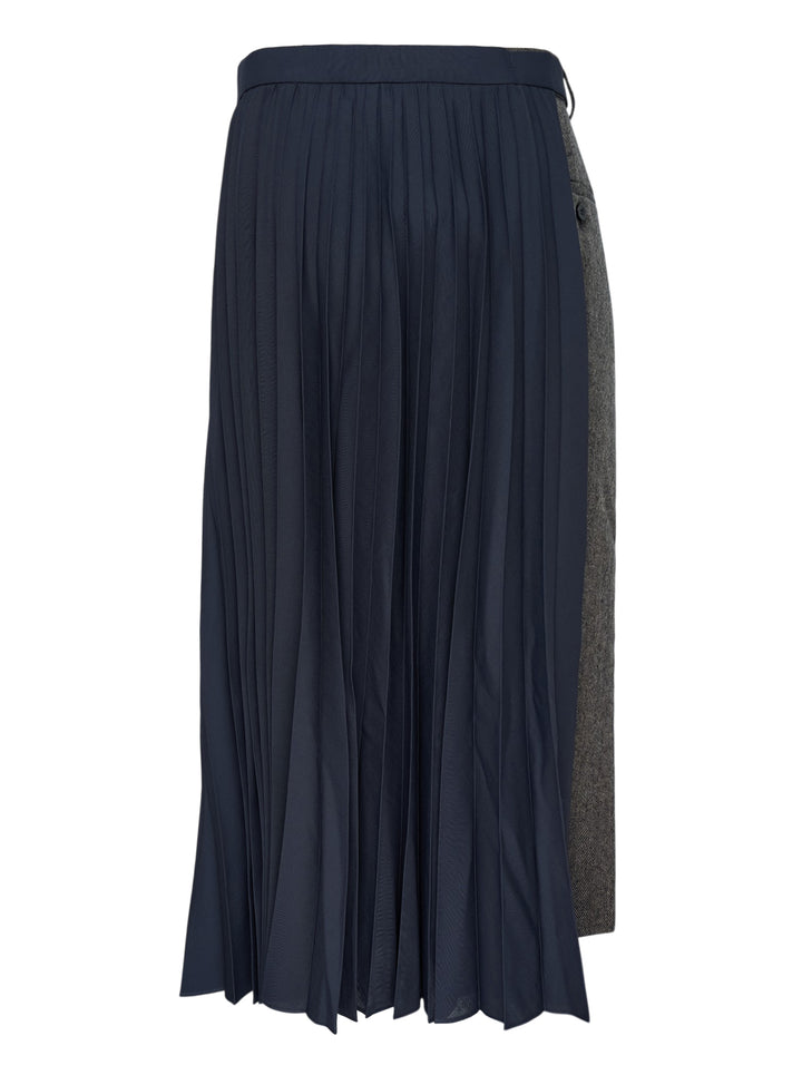 sacai herringbone pleated midi skirt combining a grey herringbone tweed panel with fluid knife-pleated navy fabric and a silver-tone belt buckle at the waistband - view 2