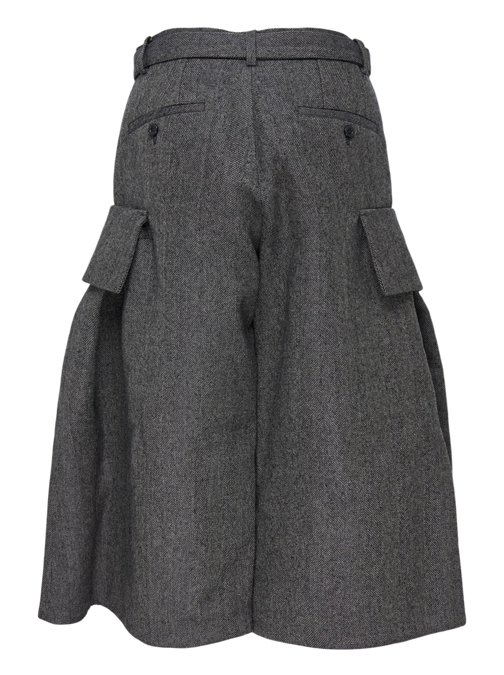 sacai Double-Faced Herringbone Midi Skirt in charcoal grey, featuring voluminous pleats, dual cargo patch pockets, and a black leather adjustable belt at the waist - view 2