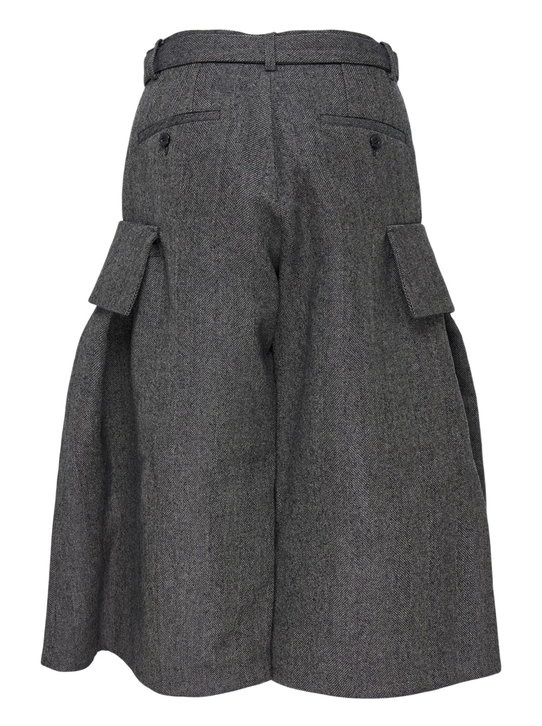 sacai Double-Faced Herringbone Midi Skirt in charcoal grey, featuring voluminous pleats, dual cargo patch pockets, and a black leather adjustable belt at the waist - view 2