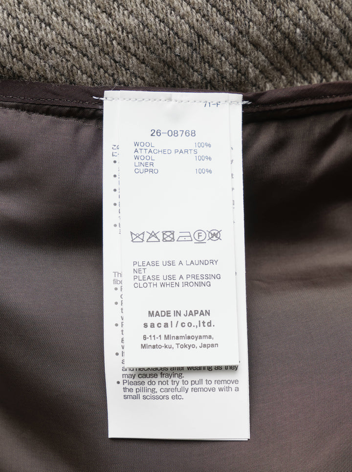 sacai double-faced herringbone blazer coat in mixed grey tones, featuring patchwork herringbone panels, double-breasted button fastening, wide notch lapels, and contrast charcoal trim at the hem and cuffs - view 3