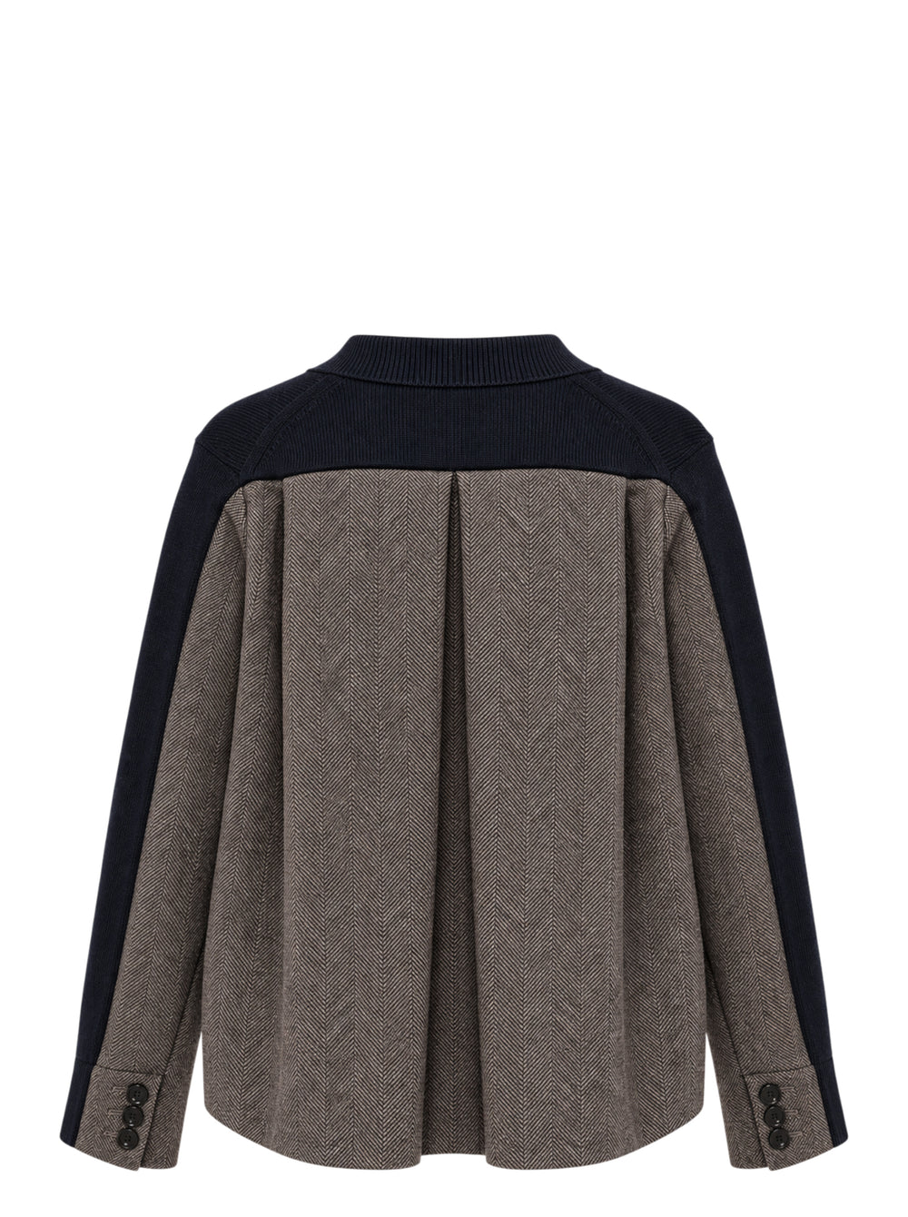 sacai Double-Faced Herringbone Cardigan in navy knit and brown herringbone tweed, shown flat with button-through front and ribbed trim detailing - view 2