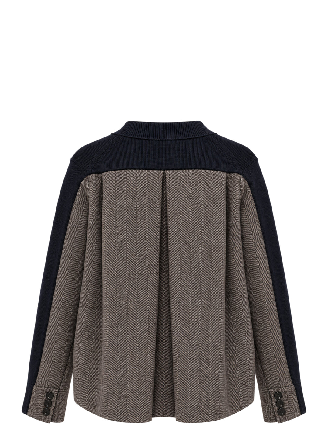 sacai Double-Faced Herringbone Cardigan in navy knit and brown herringbone tweed, shown flat with button-through front and ribbed trim detailing - view 2