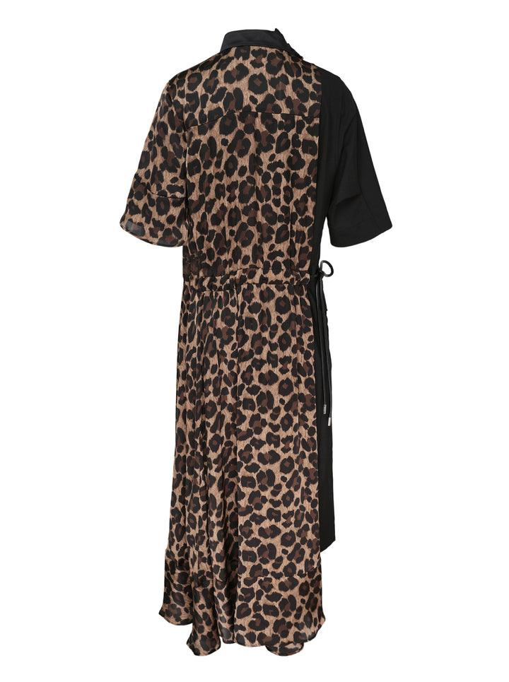 sacai Leopard Suiting Contrast Dress featuring asymmetric panelling of leopard-print chiffon and solid black suiting fabric, with a mock neck, short sleeves, tie waist, and asymmetric ruffled midi hem - view 2