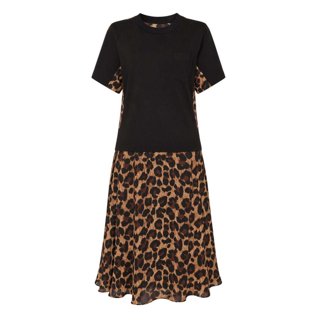sacai Leopard Cotton Jersey Dress with black crew-neck t-shirt bodice, contrast leopard-print sleeve panels, and fluid leopard-print A-line midi skirt