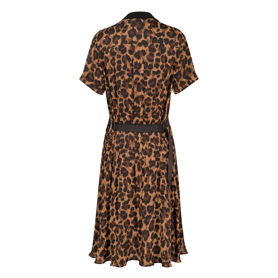 sacai Leopard Cotton Jersey Dress with black crew-neck t-shirt bodice, contrast leopard-print sleeve panels, and fluid leopard-print A-line midi skirt - view 2
