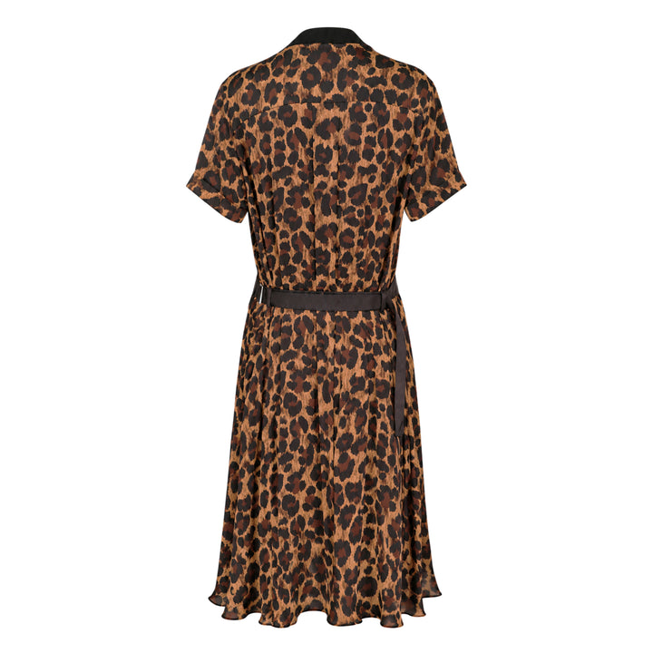 sacai Leopard Cotton Jersey Dress with black crew-neck t-shirt bodice, contrast leopard-print sleeve panels, and fluid leopard-print A-line midi skirt - view 2