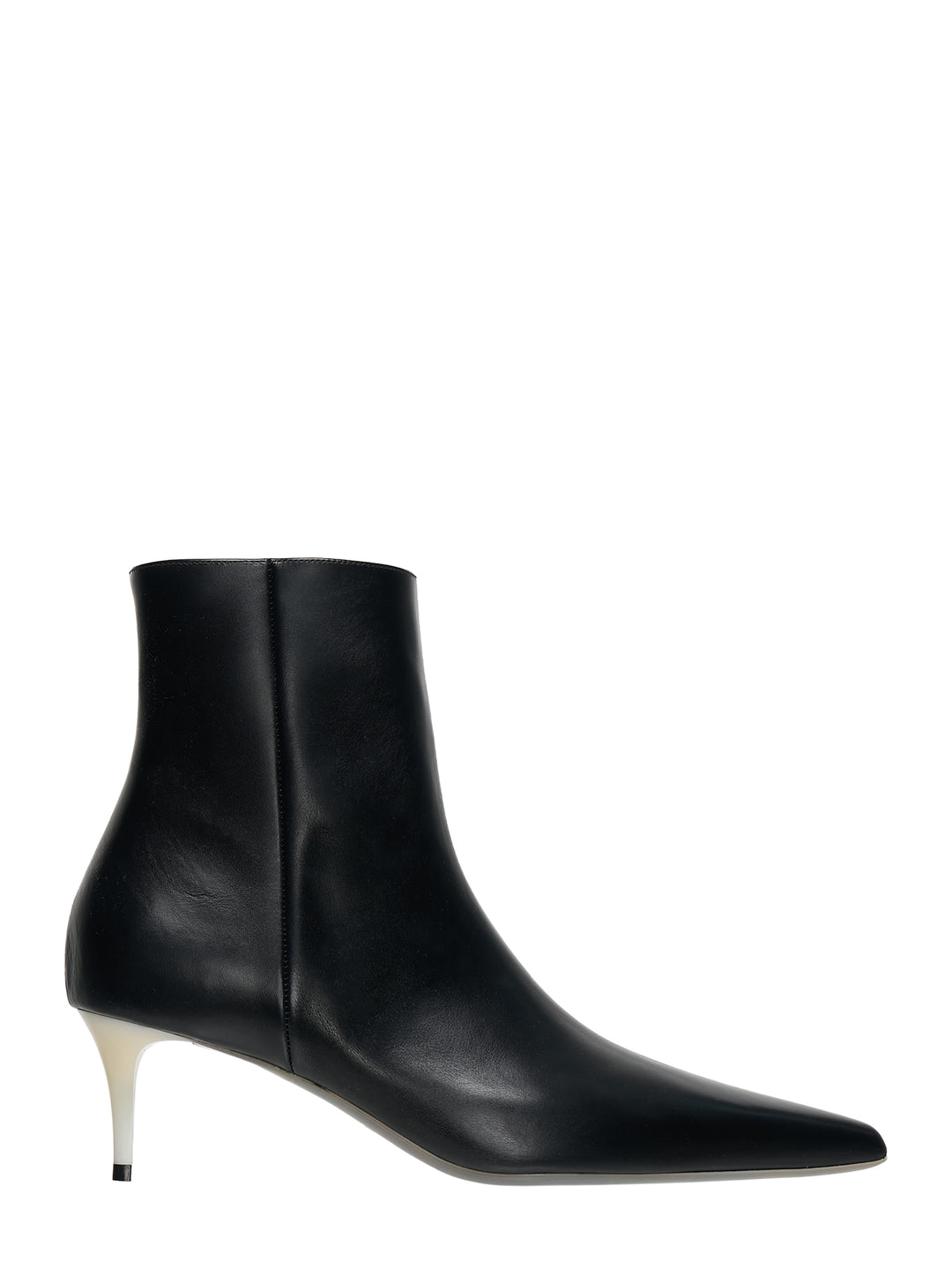 sacai Naked Sole ankle boot in smooth black leather with a pointed toe and contrasting off-white stiletto heel, side profile view