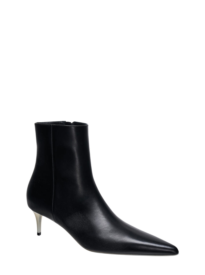 sacai Naked Sole ankle boot in smooth black leather with a pointed toe and contrasting off-white stiletto heel, side profile view - view 2