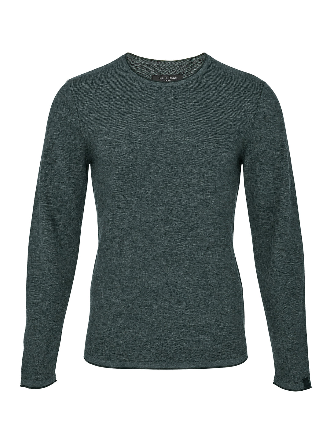 rag & bone Brooks Wool Crew Sweater in deep teal, featuring a slim fit, crew neckline, long sleeves, and raw-edge cuffs, displayed on a flat ghost mannequin