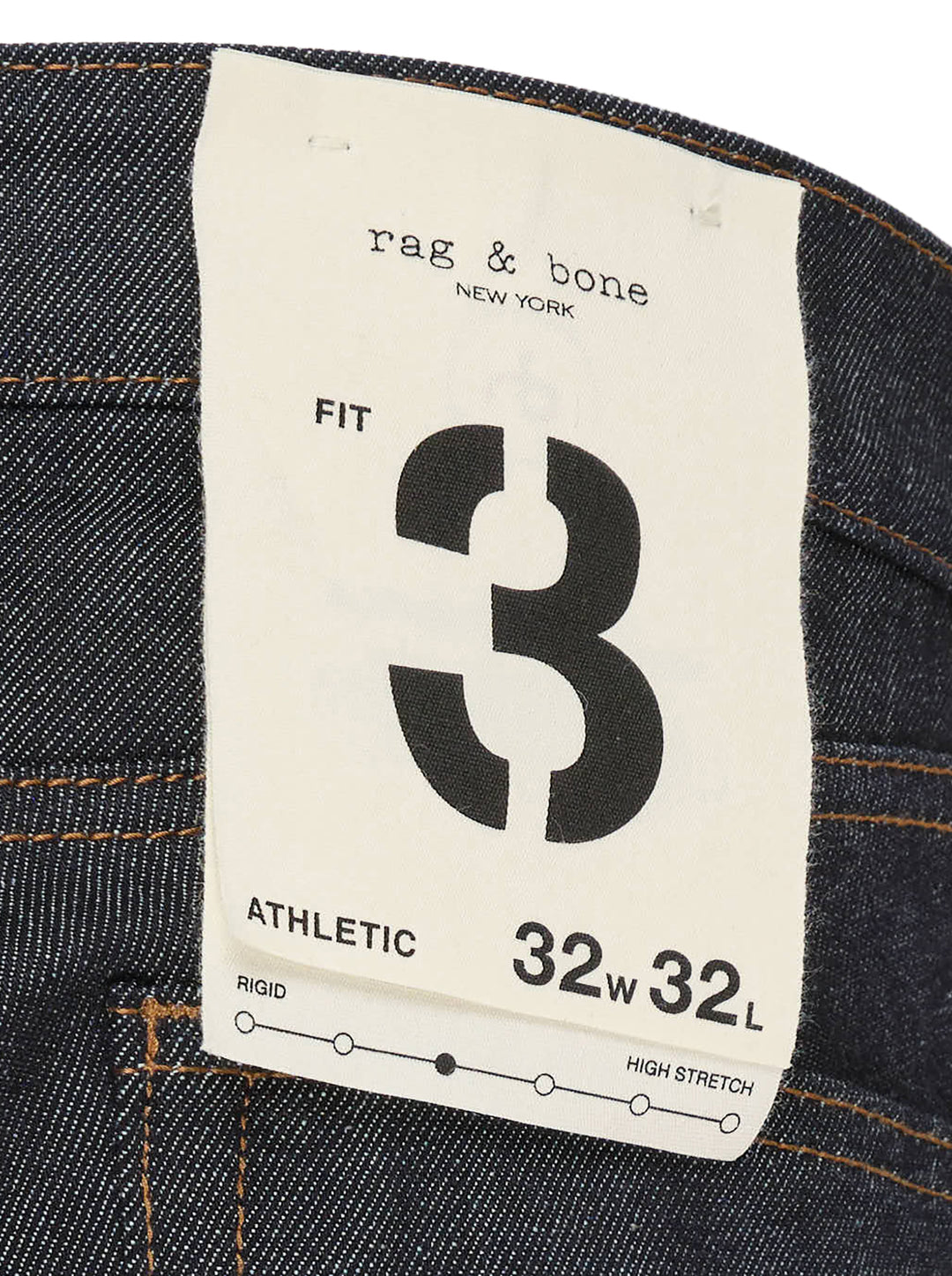 rag & bone Fit 3 Raw Stretch Jeans in dark indigo with contrast amber topstitching and straight-leg silhouette, front view - view 3
