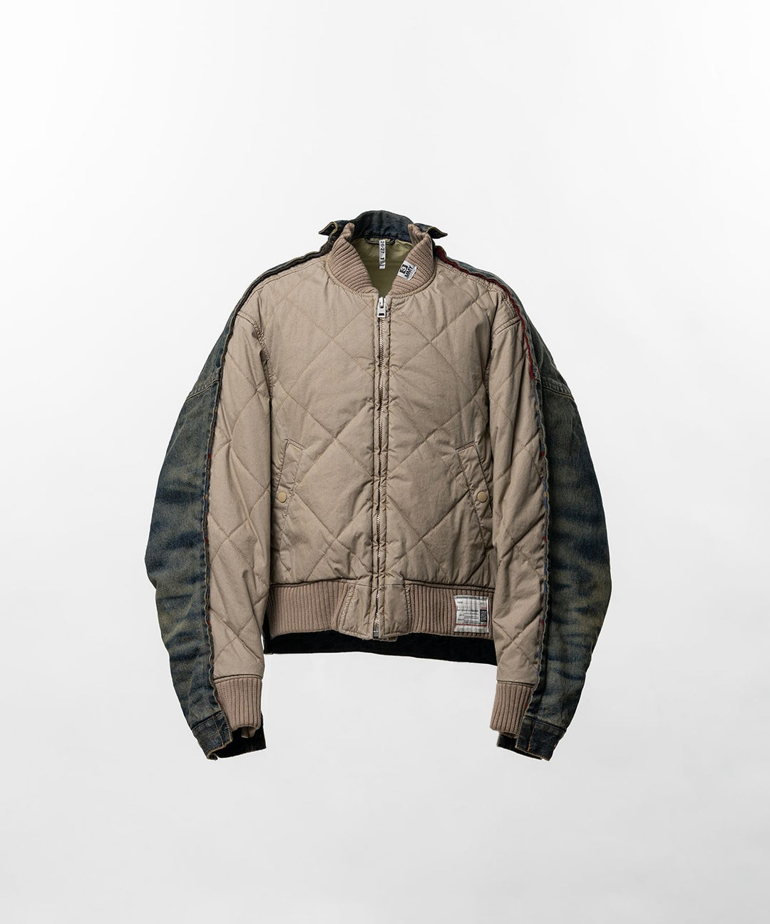 Mihara Yasuhiro Combined Quilt Denim Blouson with diamond-quilted beige body, washed denim sleeves and ribbed knit trims