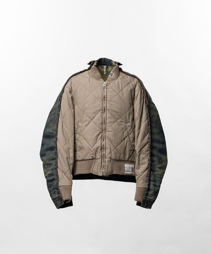 Mihara Yasuhiro Combined Quilt Denim Blouson with diamond-quilted beige body, washed denim sleeves and ribbed knit trims