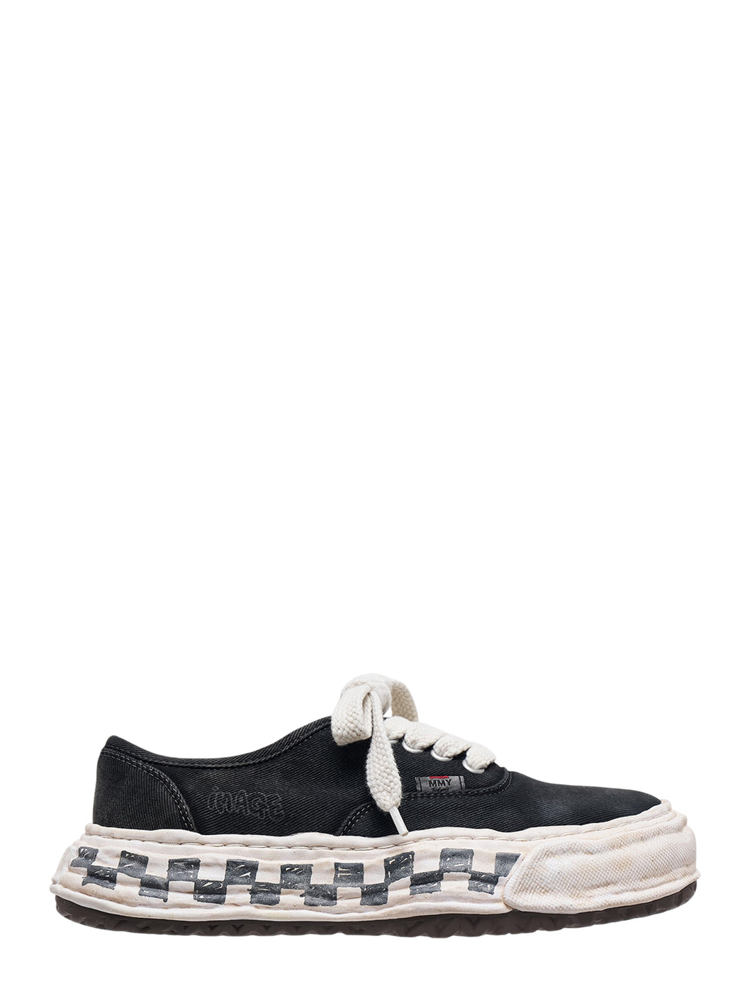 Mihara Yasuhiro Baker26 black canvas low-top sneaker with oversized white laces and a distorted white sole hand-drawn with a graffiti checkerboard pattern