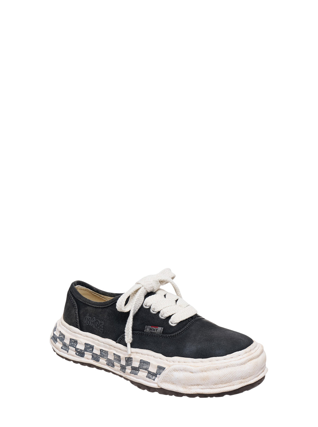 Mihara Yasuhiro Baker26 black canvas low-top sneaker with oversized white laces and a distorted white sole hand-drawn with a graffiti checkerboard pattern - view 2
