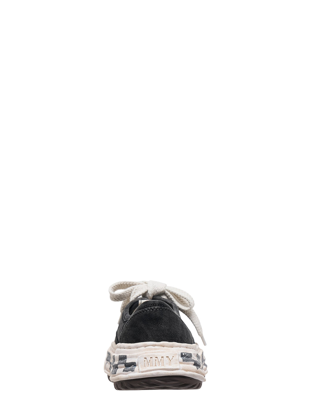 Mihara Yasuhiro Baker26 black canvas low-top sneaker with oversized white laces and a distorted white sole hand-drawn with a graffiti checkerboard pattern - view 3