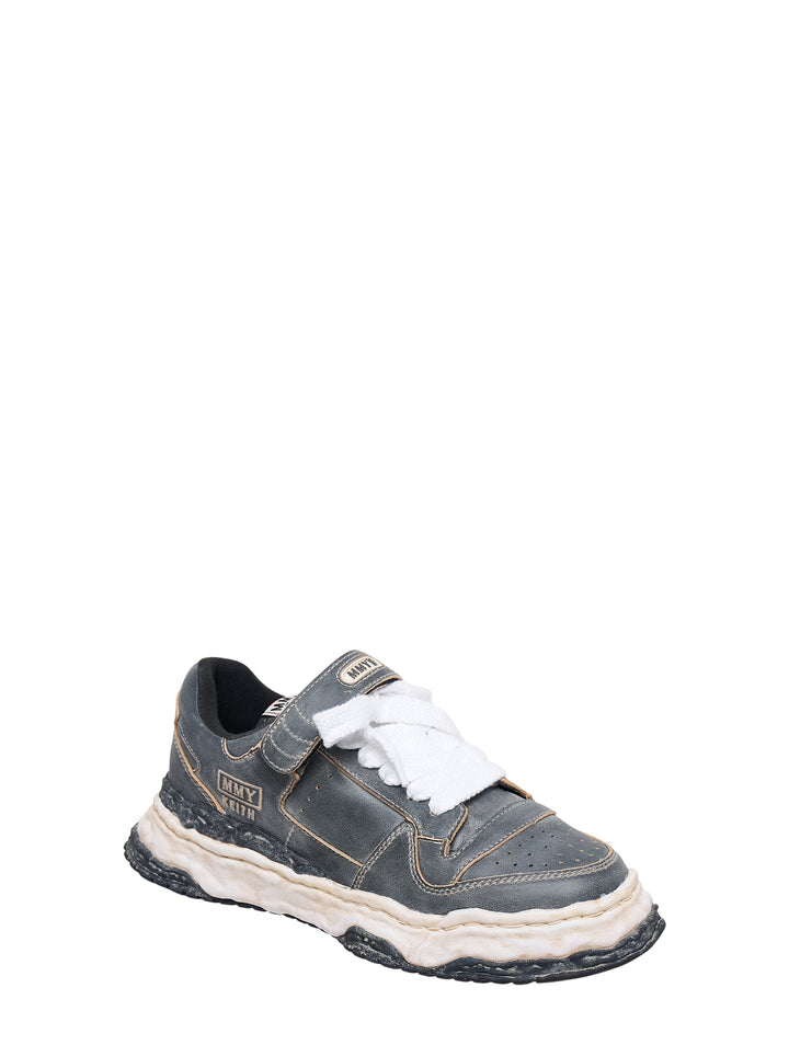 Mihara Yasuhiro Keith low-top sneaker in overdyed grey leather with distressed layered sole, strap closure and oversized white laces, side view - view 2