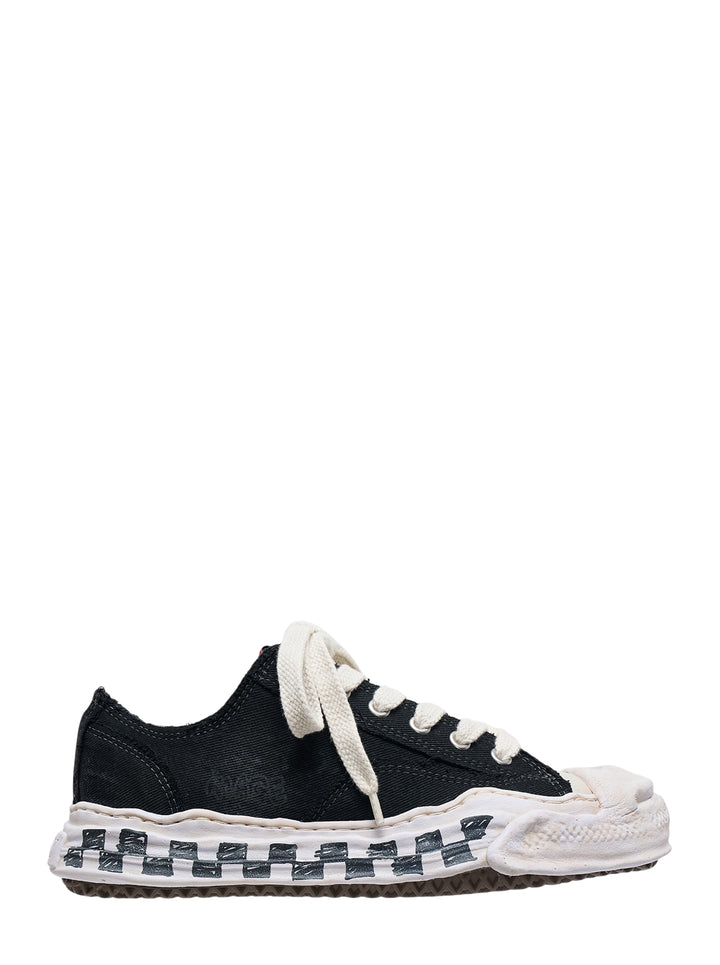 Mihara Yasuhiro Hank Graffiti Sole low-top sneaker in black canvas with distorted white sole, checkerboard print and oversized cream laces