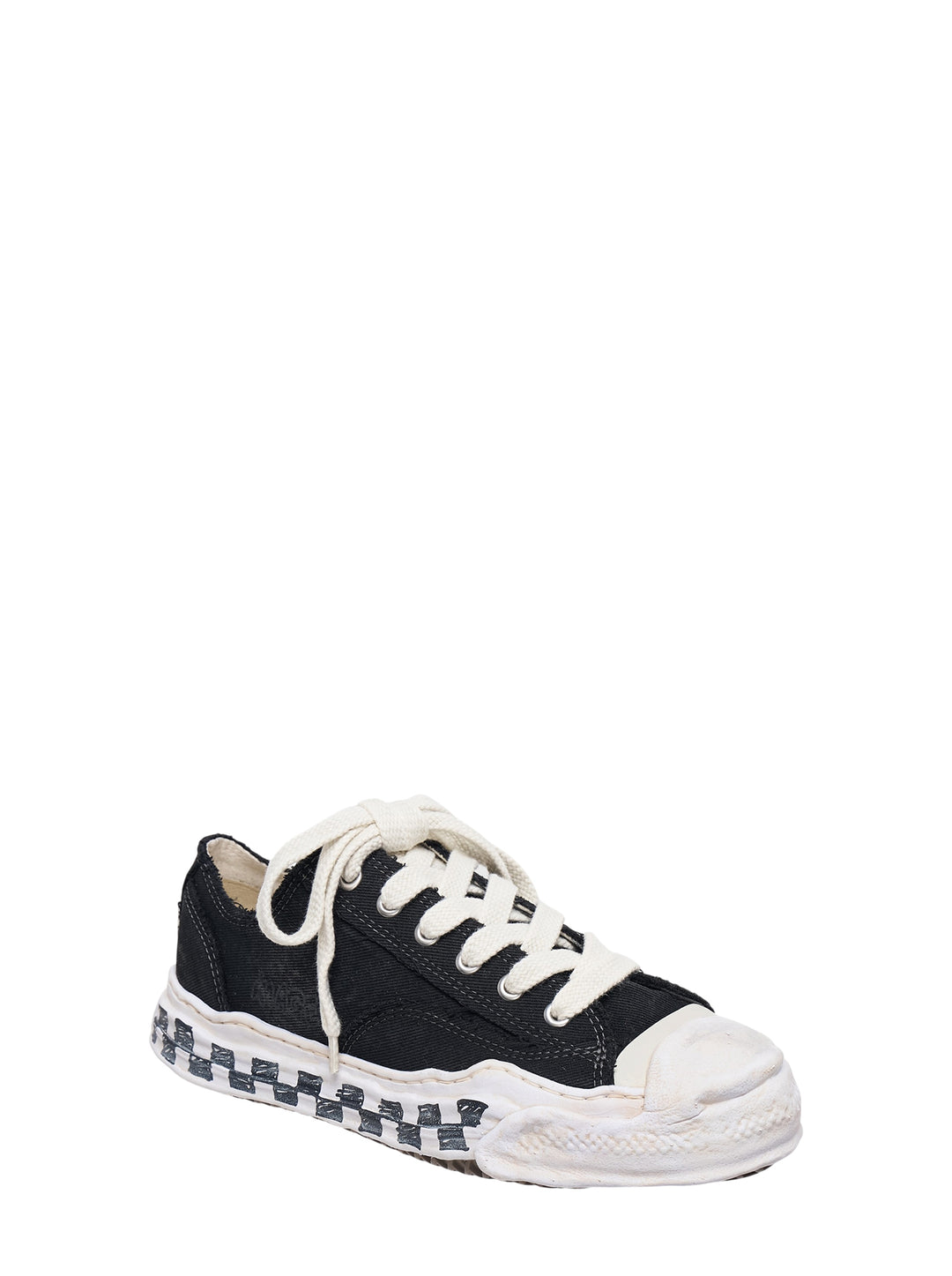 Mihara Yasuhiro Hank Graffiti Sole low-top sneaker in black canvas with distorted white sole, checkerboard print and oversized cream laces - view 2