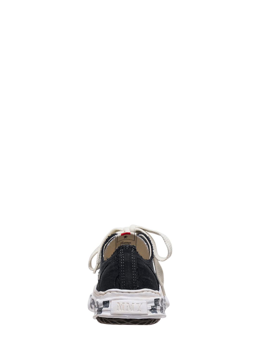 Mihara Yasuhiro Hank Graffiti Sole low-top sneaker in black canvas with distorted white sole, checkerboard print and oversized cream laces - view 3