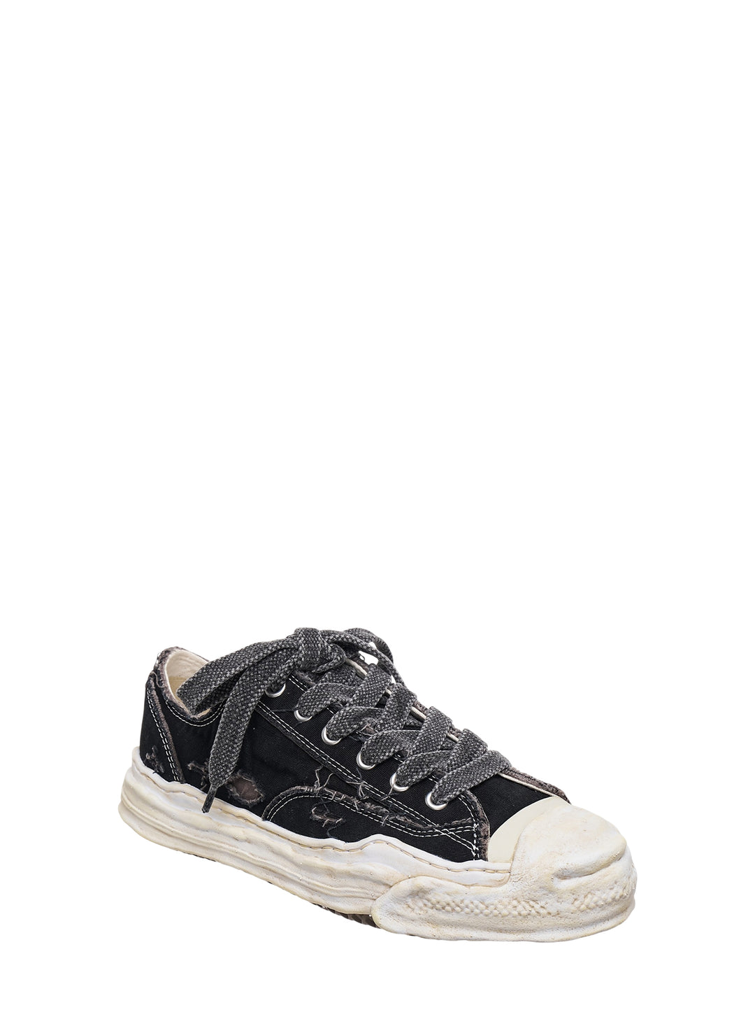 Mihara Yasuhiro Hank black distressed canvas low-top sneaker with oversized laces and a melted-effect off-white sole, side view - view 2
