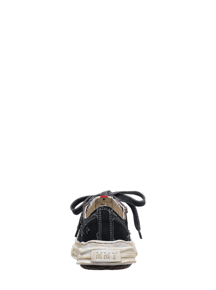 Mihara Yasuhiro Hank black distressed canvas low-top sneaker with oversized laces and a melted-effect off-white sole, side view - view 3
