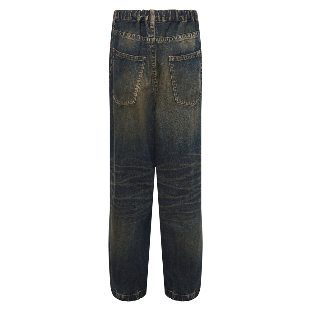 Mihara Yasuhiro Combined Denim Sweatpants in grey marl jersey with dark indigo denim side panels, cream drawstring waist, and woven label patch - view 2