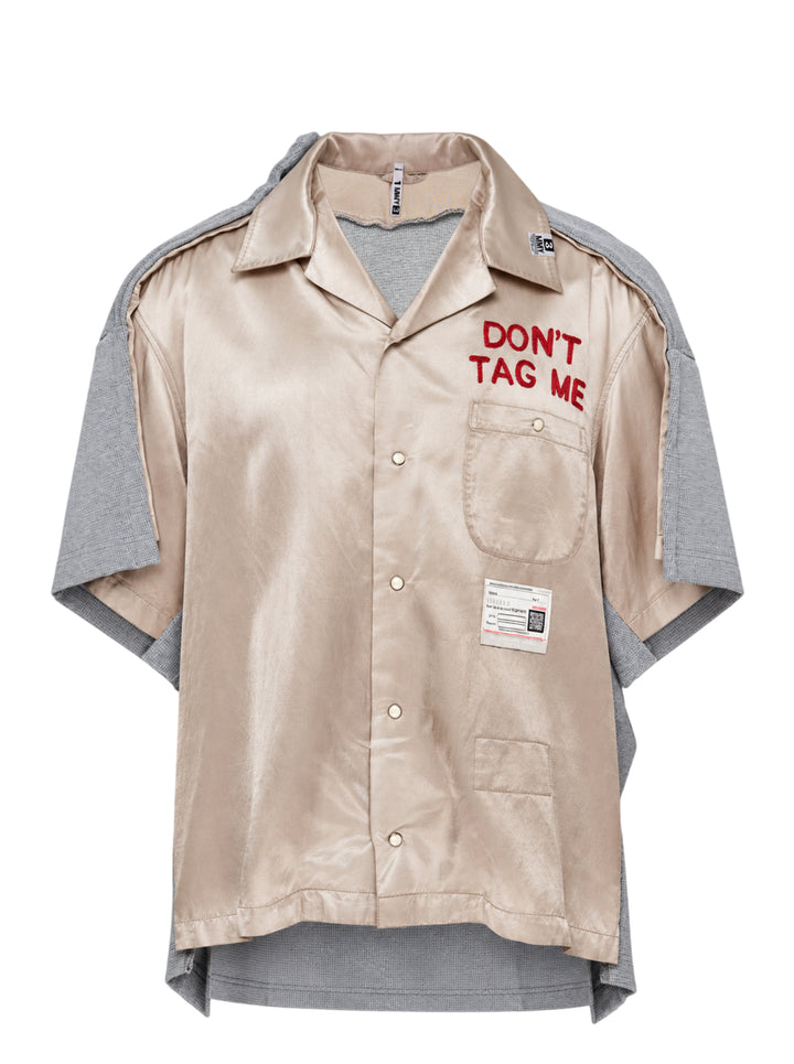 Miharayasuhiro combined shirt and T-shirt with champagne satin camp-collar front, grey knit layers and red embroidered 'Don't Tag Me' slogan