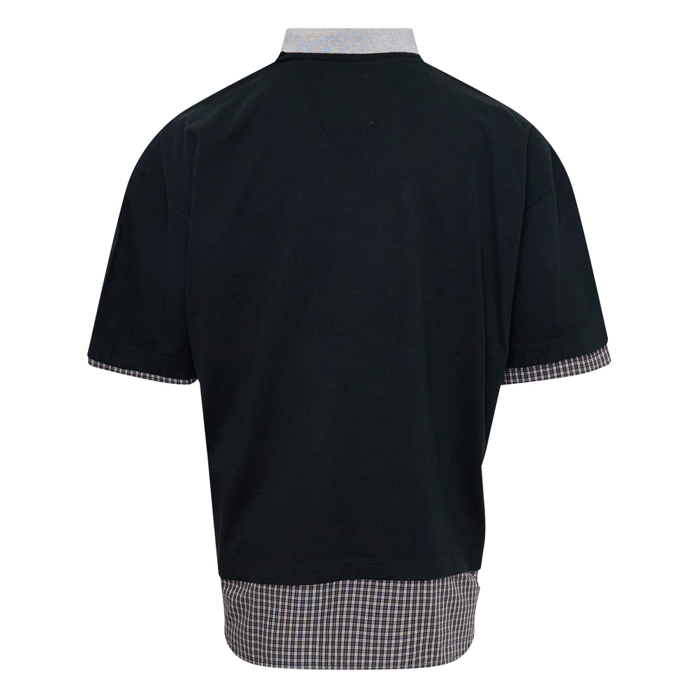 Mihara Yasuhiro Triple Layered Polo Tee in navy with grey marl polo collar, plaid shirting cuff and hem trim, and pixel dragon chest embroidery — front view - view 2