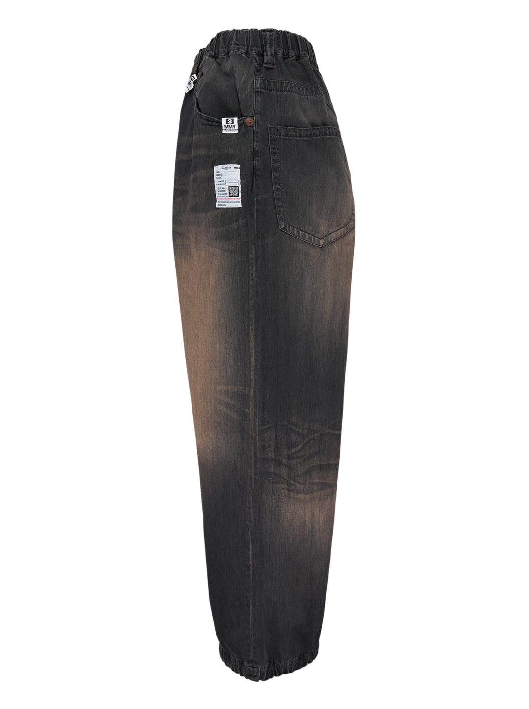 Mihara Yasuhiro Light Oz wide-leg denim pants in a faded black and tan wash with elastic waistband and drawcord hems - view 3