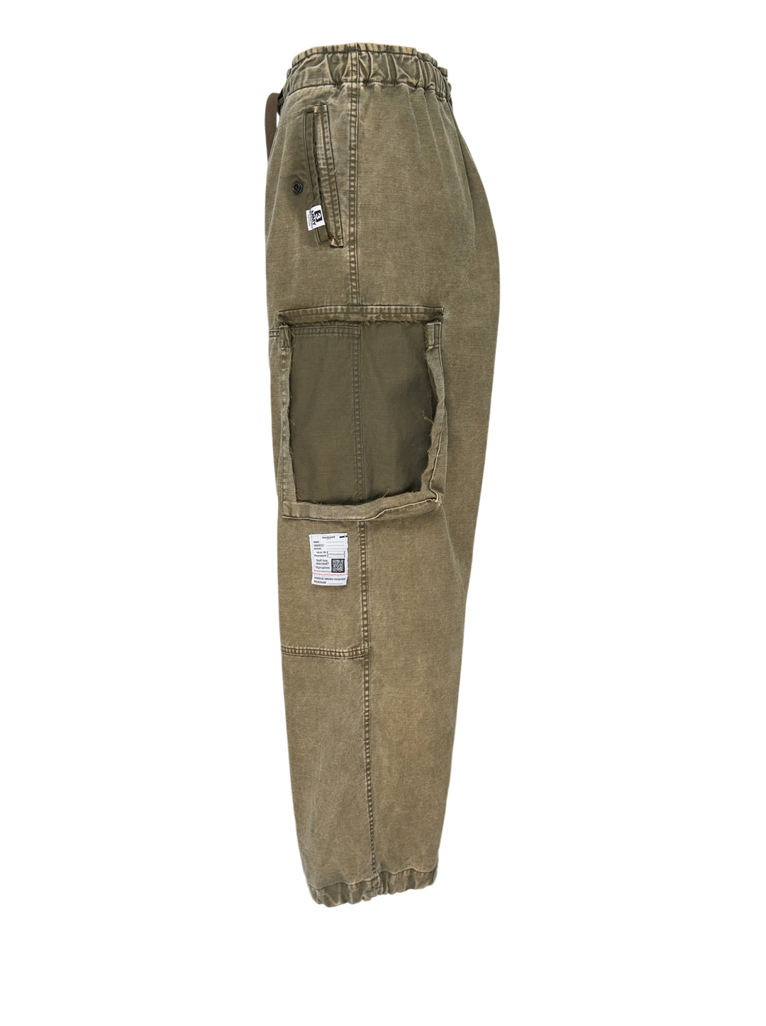 Mihara Yasuhiro washed olive damaged cargo pants with drawstring waist, oversized cargo pockets and distressed finish, front view - view 3