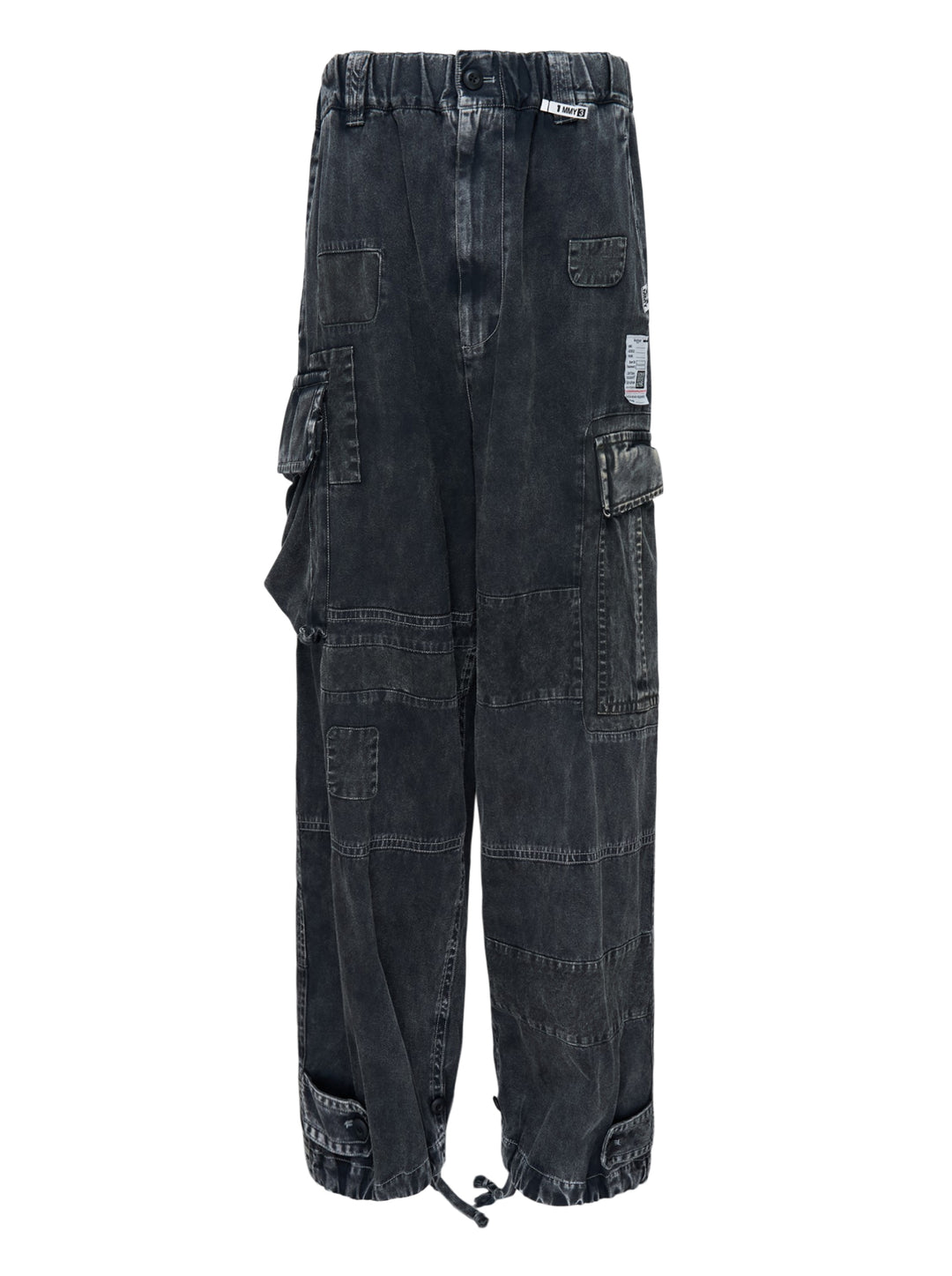 Mihara Yasuhiro Repair Cargo Trousers in washed black denim with patchwork panels, large cargo pockets and drawcord hems