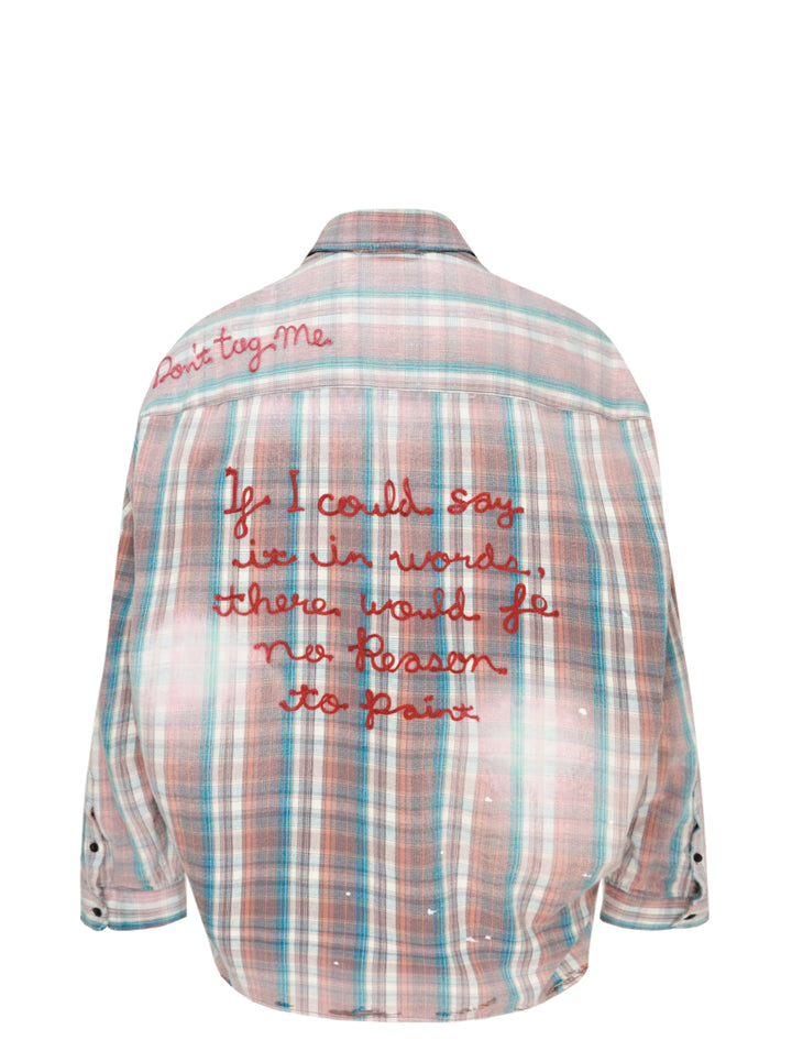 Maison MIHARA YASUHIRO vintage-like check long sleeve shirt in faded coral and teal plaid with red script embroidery, raw-edged pocket and paint splatter - view 2