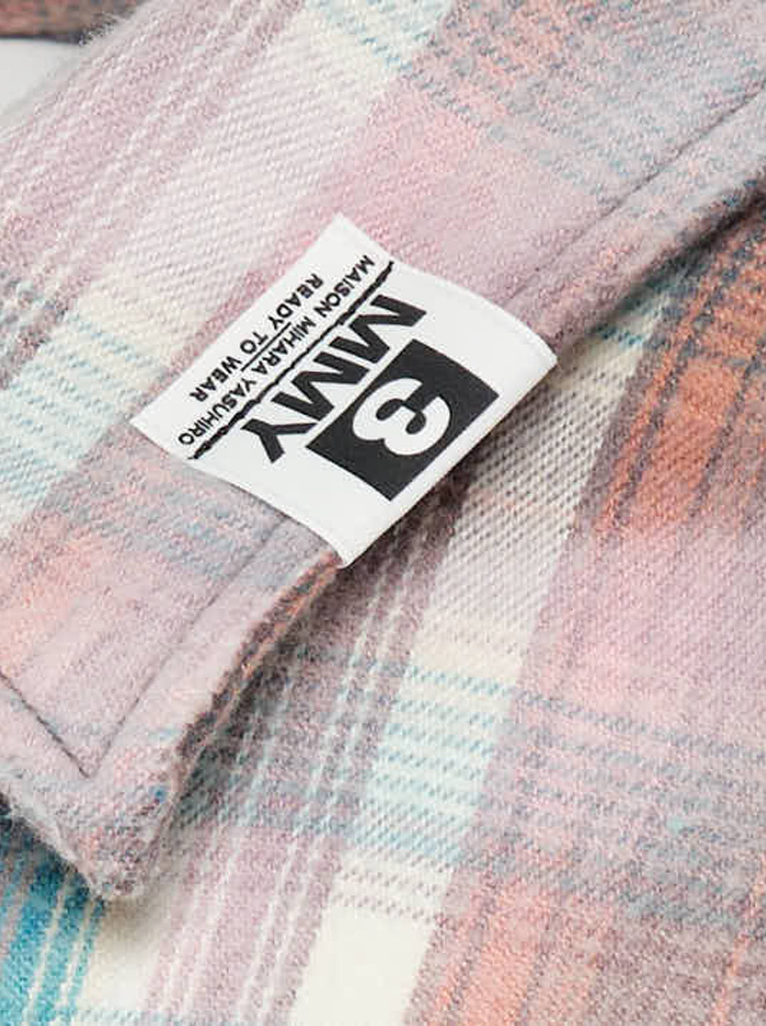 Maison MIHARA YASUHIRO vintage-like check long sleeve shirt in faded coral and teal plaid with red script embroidery, raw-edged pocket and paint splatter - view 3