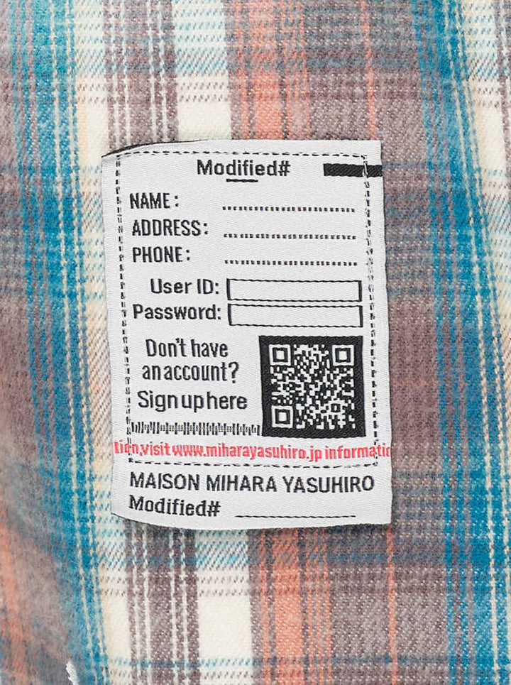 Maison MIHARA YASUHIRO vintage-like check long sleeve shirt in faded coral and teal plaid with red script embroidery, raw-edged pocket and paint splatter - view 6