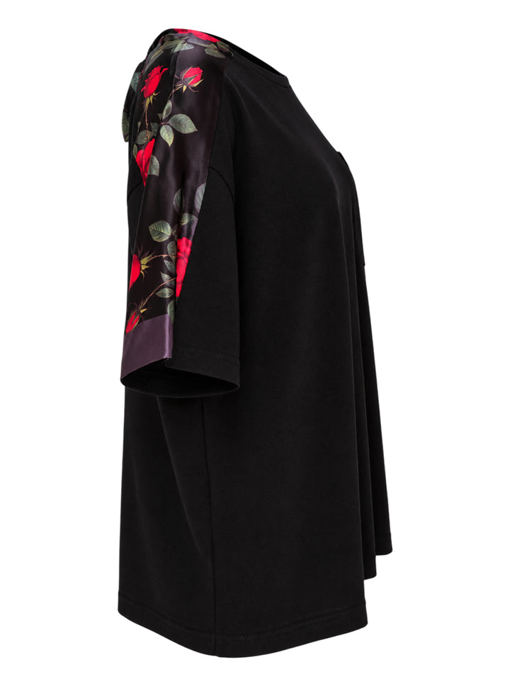 Undercover Floral Sleeve Panel Tee in black with rose-print satin sleeve panels, chest pocket and knotted satin tie at the back neckline - view 4