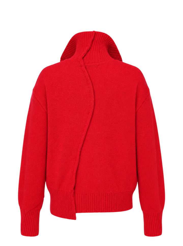 Undercover asymmetrical red wool knit cardigan with ribbed funnel collar, graduated pearlescent buttons and patch pockets - view 2