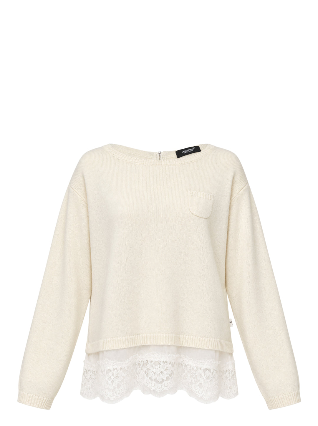 Undercover cream knit top with chest pocket, ribbed trim and a layered scalloped lace hem