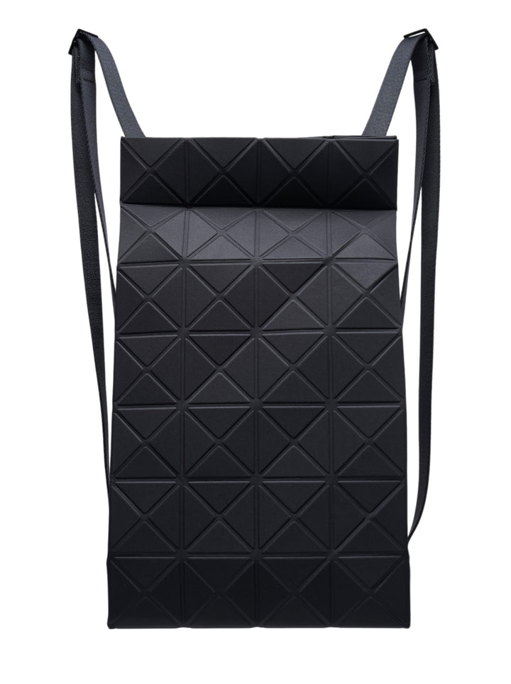 Black matte Bao Bao Issey Miyake Track Backpack with geometric triangle panels and flat woven shoulder straps