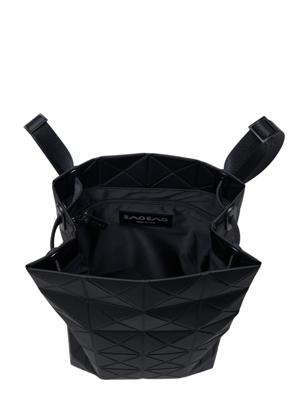 Black matte Bao Bao Issey Miyake Track Backpack with geometric triangle panels and flat woven shoulder straps - view 3