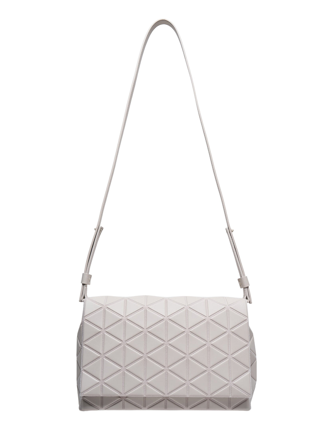 Bao Bao Issey Miyake Fossette Large Shoulder Bag in light grey with all-over geometric triangle relief panelling and adjustable flat shoulder strap, shown on a white background