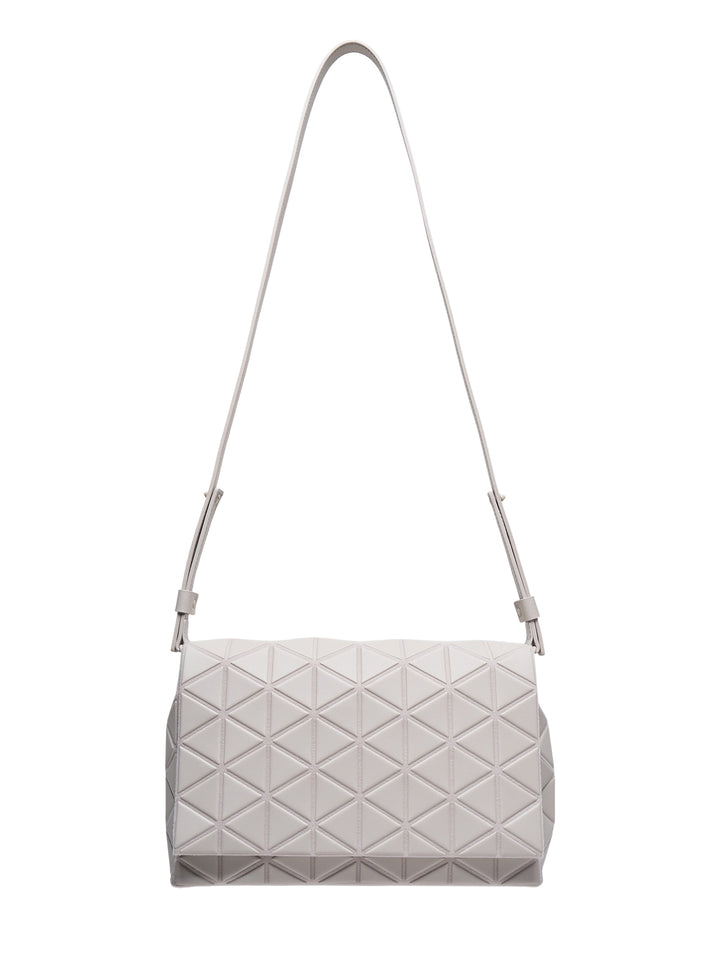 Bao Bao Issey Miyake Fossette Large Shoulder Bag in light grey with all-over geometric triangle relief panelling and adjustable flat shoulder strap, shown on a white background